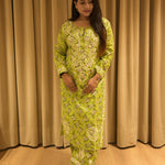 Mul Mul Green Floral Printed Heavy Handwork Kurti with Palazzo Set
