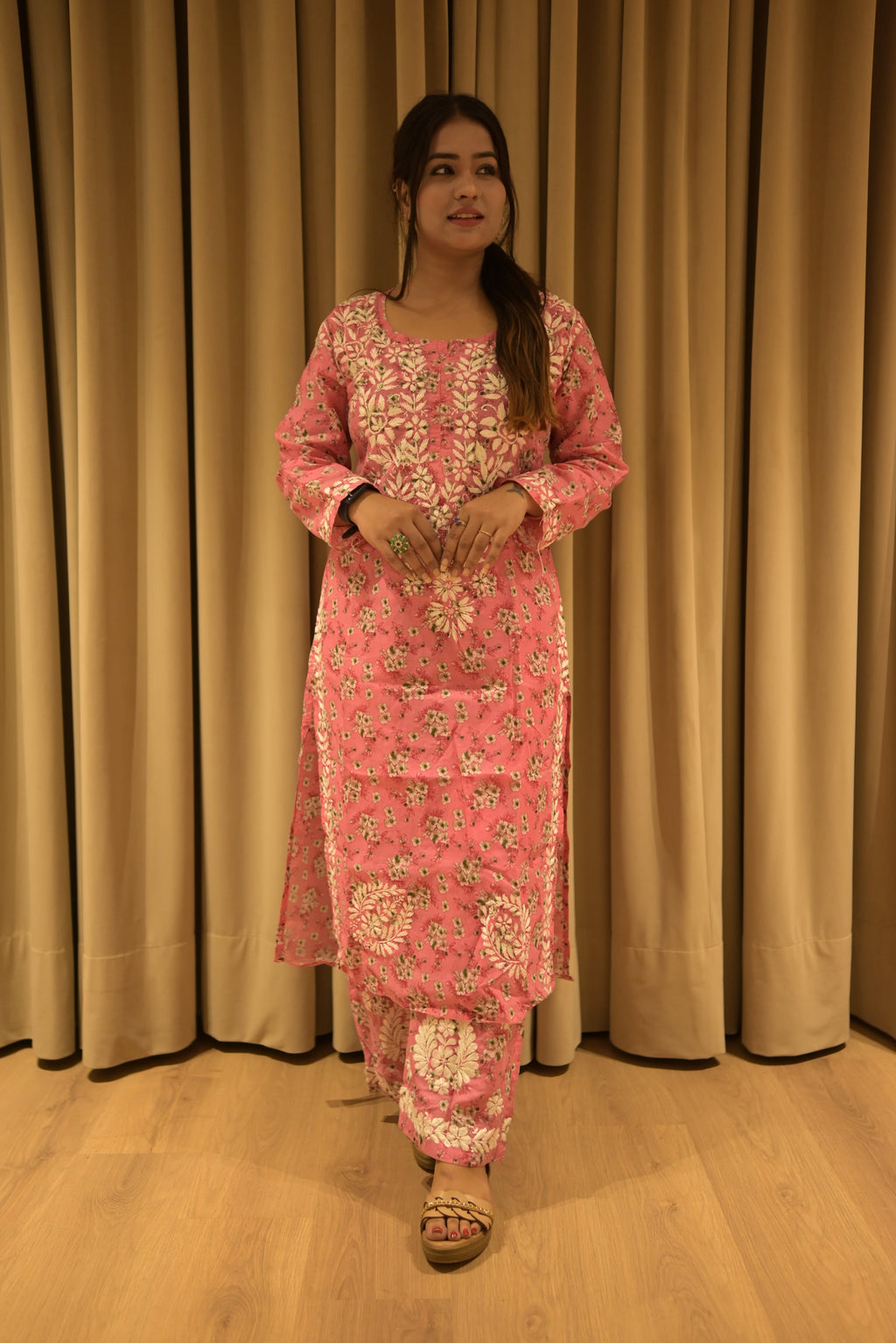 Mul Mul Pink Floral Printed Heavy Handwork Kurti with Palazzo Set