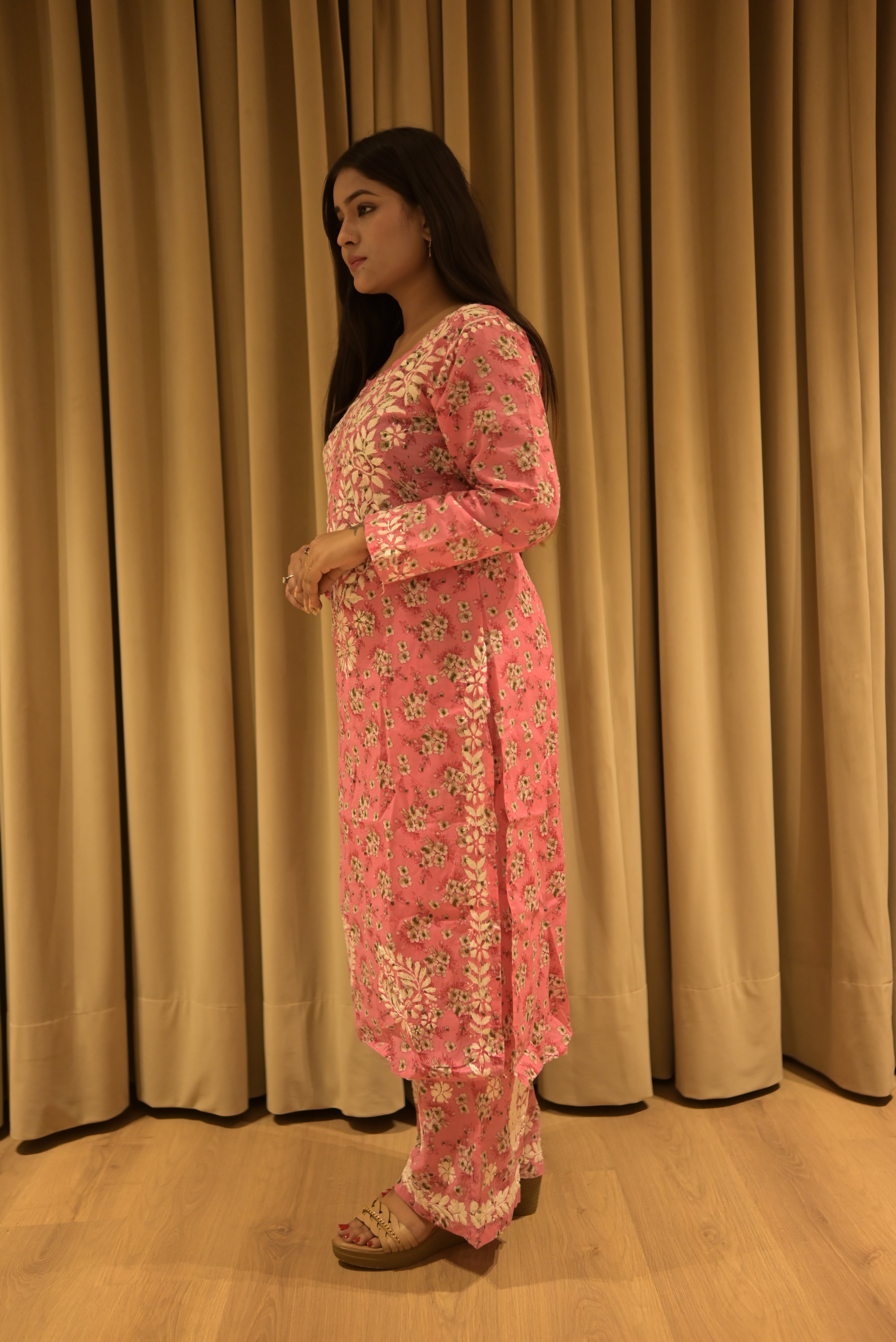 Mul Mul Pink Floral Printed Heavy Handwork Kurti with Palazzo Set