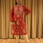 Machine Embroidery Red Cotton Kurti with Machine Embroidery Cotton Light work Lycra Stretchable Pant Set