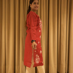 Machine Embroidery Red Cotton Kurti with Machine Embroidery Cotton Light work Lycra Stretchable Pant Set