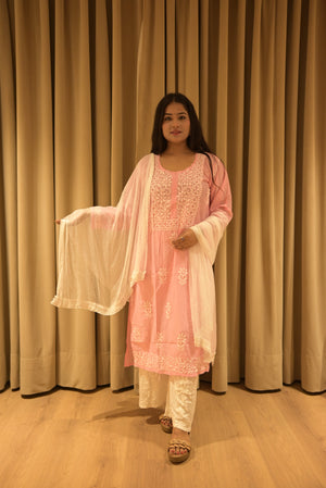 Pink Chanderi Silk Handwork Chikankari Kurti with Pure Cotton Handwork Chikankari Palazzo & Silk Dupatta With Lace Work Set